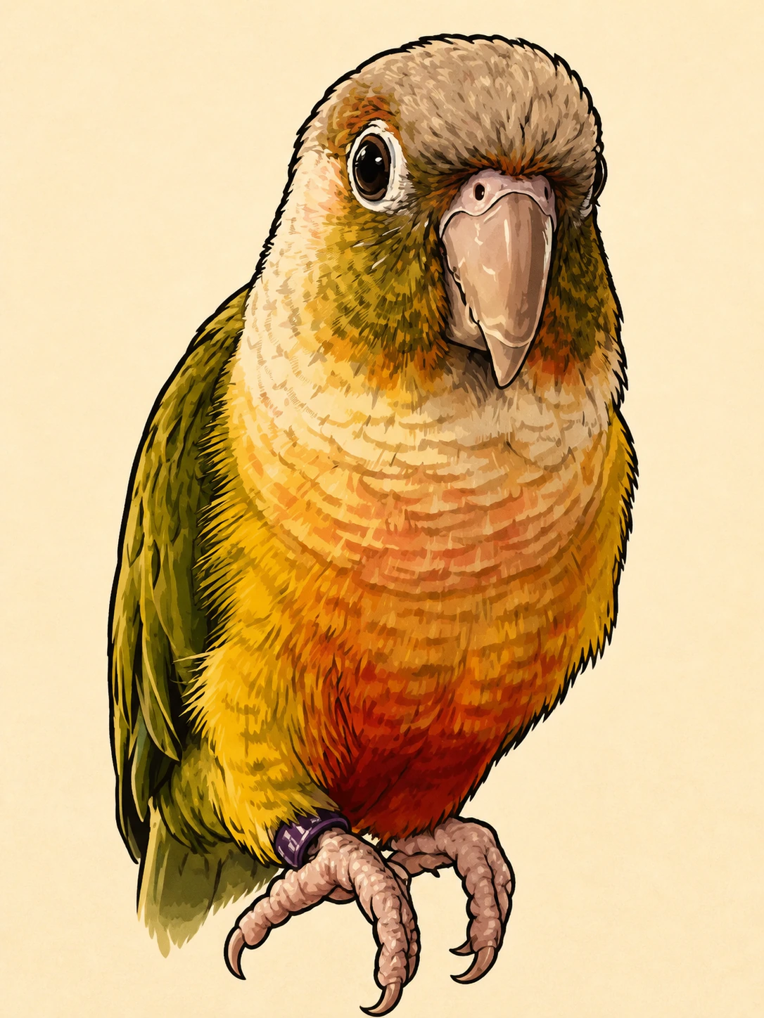 Ink-and-marker illustration of Aggie, a green-cheek conure with a cream head, orange and yellow chest, and green wings.
