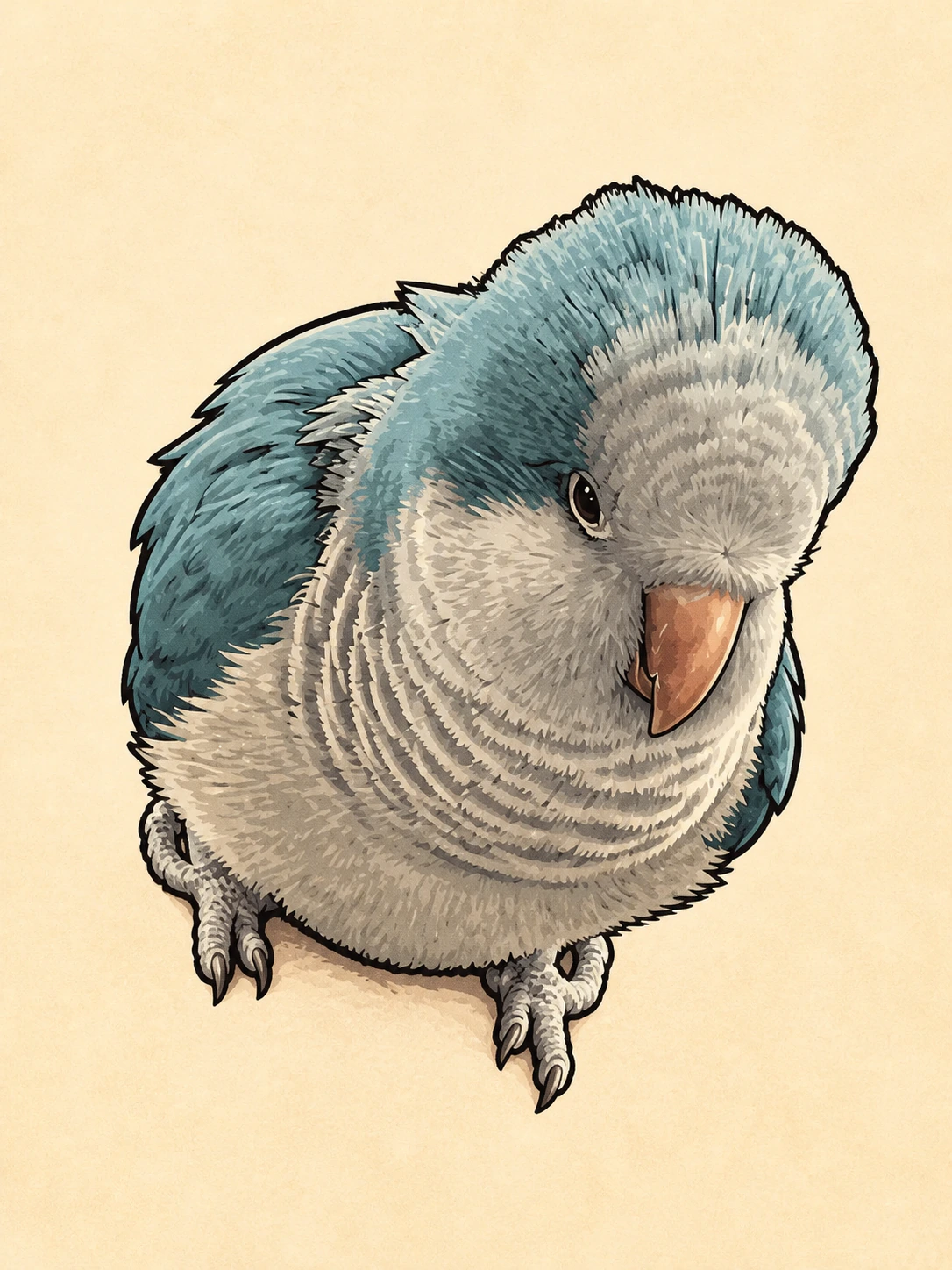 Ink-and-marker illustration of Val fluffed up and viewed from above, looking straight at the camera.