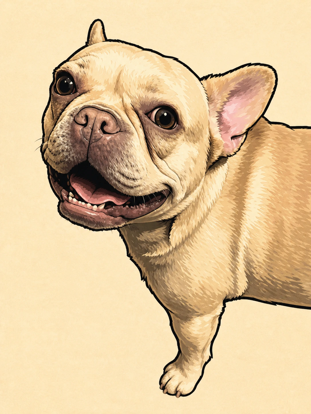Ink-and-marker illustration of Calliope with her head tilted and her mouth open in a wide smile.