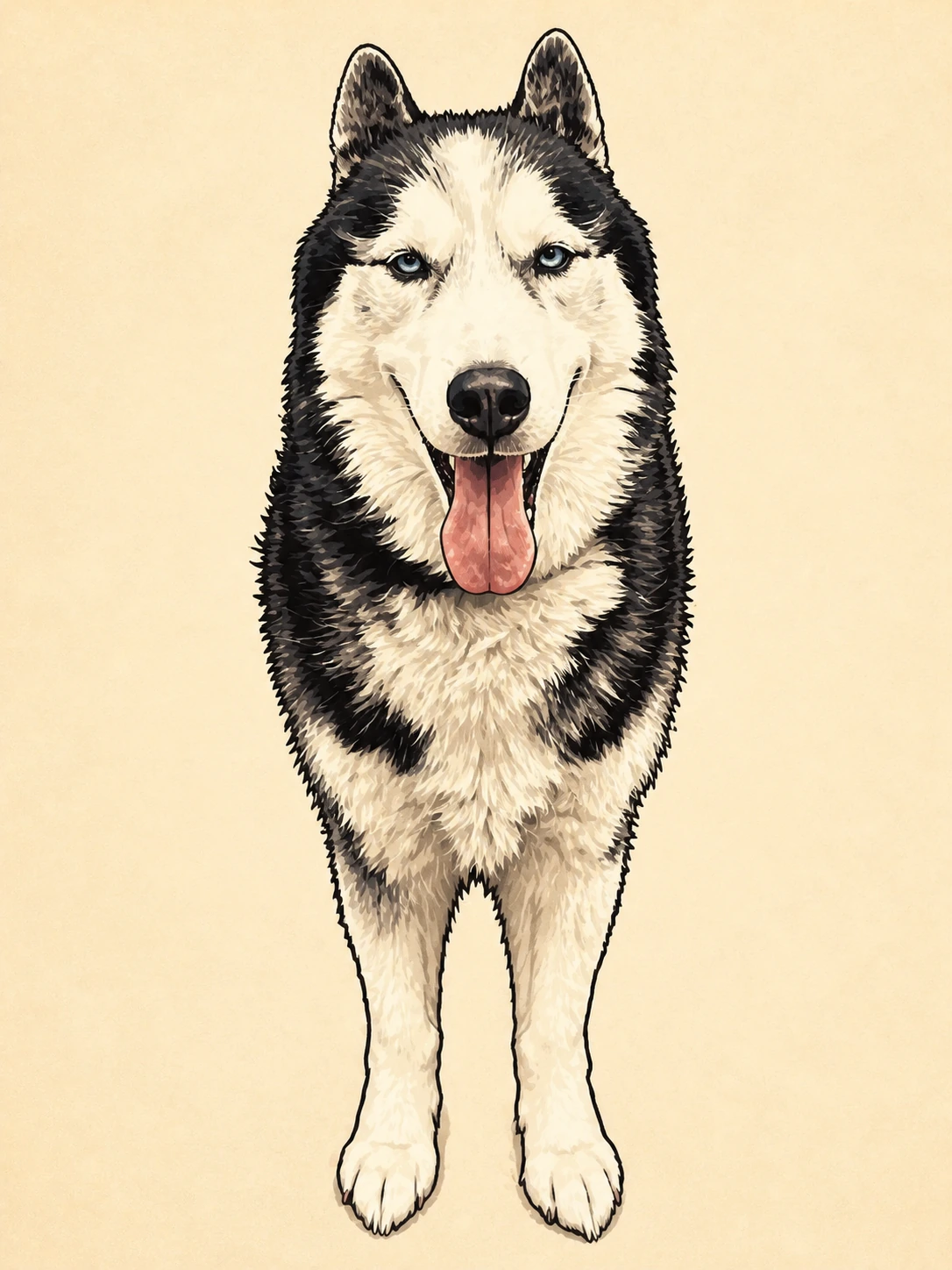 Ink-and-marker illustration of Laika standing and facing the camera with his tongue out.