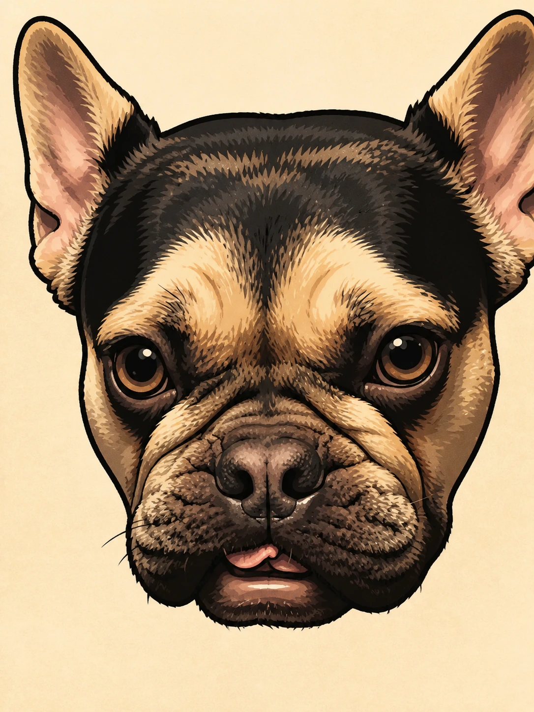 Ink-and-marker illustration of Nina facing the camera straight on, with the tip of her tongue showing.